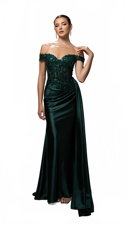 Off-Shoulder Sequin Applique Satin Evening Gown Formal Prom Dress By May Queen MQ2179