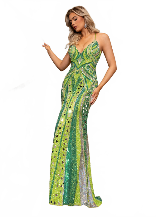 Rachel Allan 70759 Mirror Beaded V-Neck Slit Gown