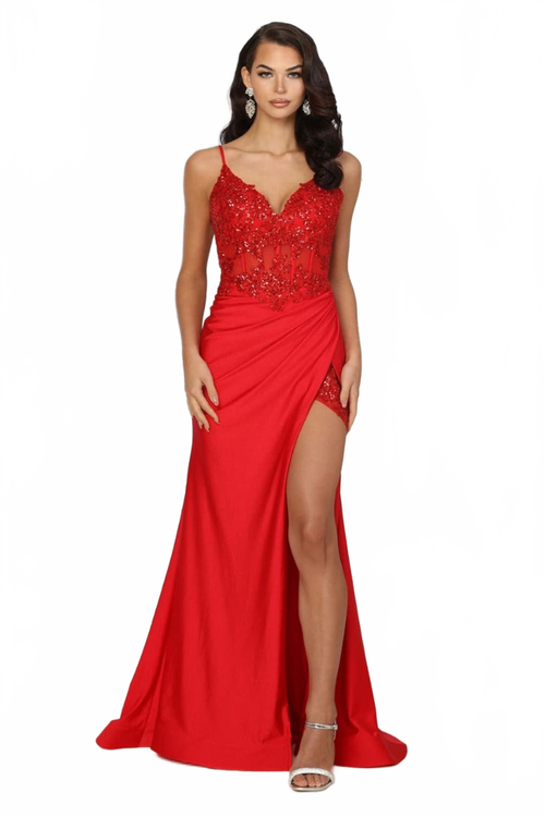 May Queen MQ2032 Spaghetti Strap Embellished Slit Evening Dress