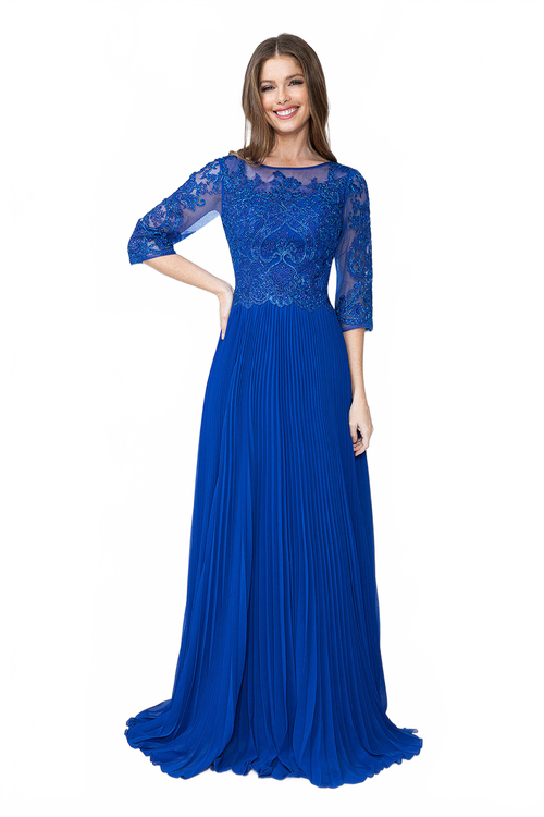 A-Line Gown with Beaded Lace Bodice and Pleated Skirt By Lenovia 8145