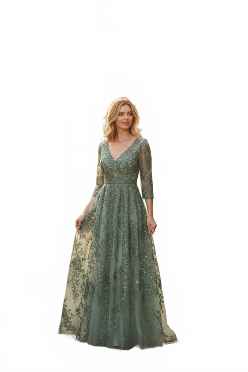 Embroidered A-Line Mother of the Bride Gown with Sheer 3/4 Sleeves By Lenovia 8356