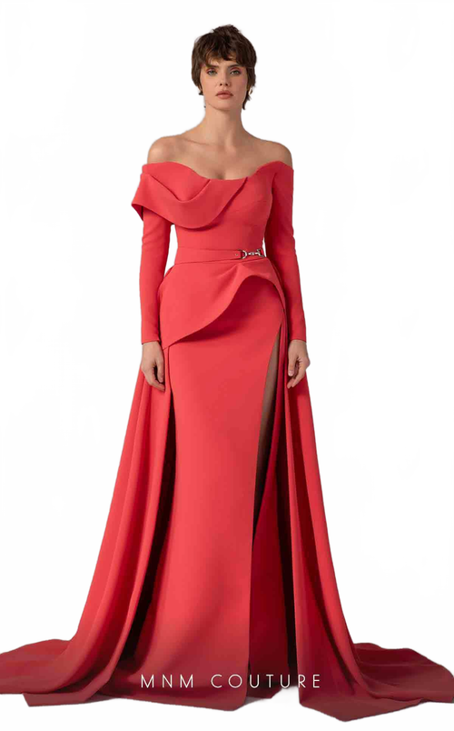 MNM Couture E0099 Coral Off-Shoulder Long Sleeve Gown