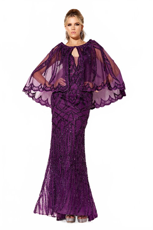 Beaded Fitted 2-Piece Cape Gown by Lucci Lu C8109