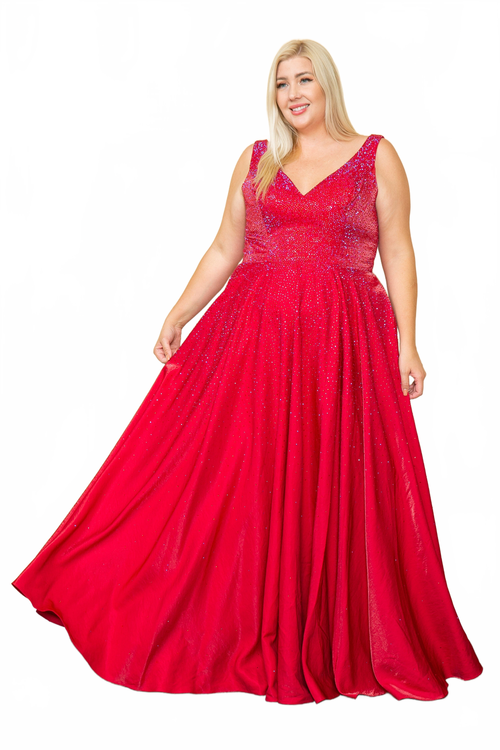 Poly USA W1110 Plus Size Long V-Neck Rhinestone Dress