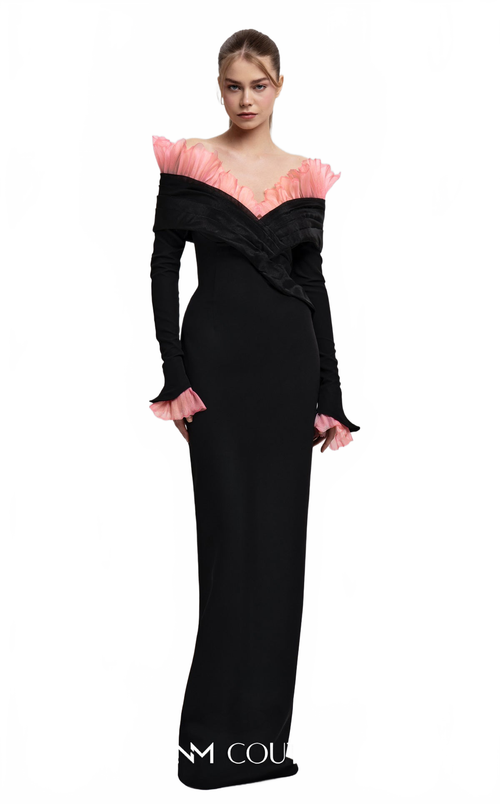 Fouad Sarkis F02941 Long Sleeve V-Neck Gown