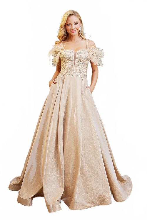Adora Design 3128 Metallic Glitter Feather Off Shoulder Prom Gown