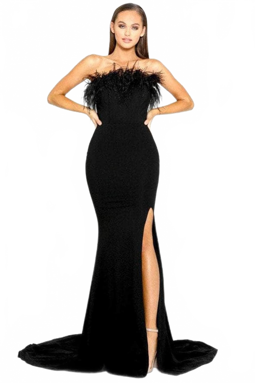 Portia and Scarlett PS2026 -long- Prom Dress with Slit and Feather Trim