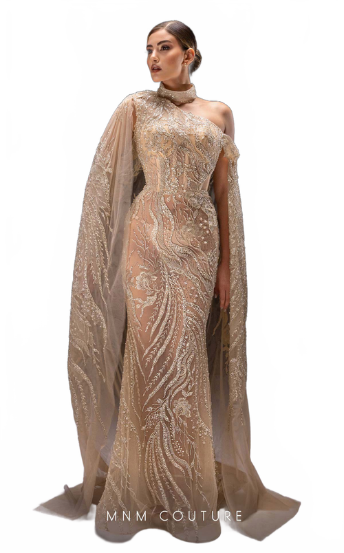 MNM Couture K4241 One-Shoulder Long Gown in Beige