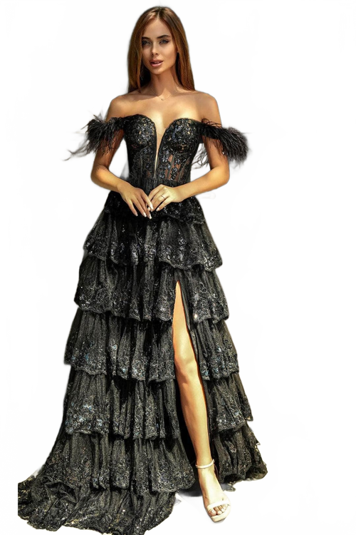 Portia and Scarlett PS24525 -long- Off-Shoulder Prom Dress with Feather Details