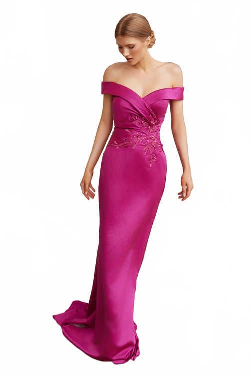 Nox Anabel MT108 Stunning Off-Shoulder Satin Fitted Gown