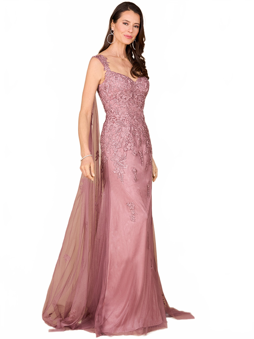 Embroidered Lace Gown with Flowing Capes