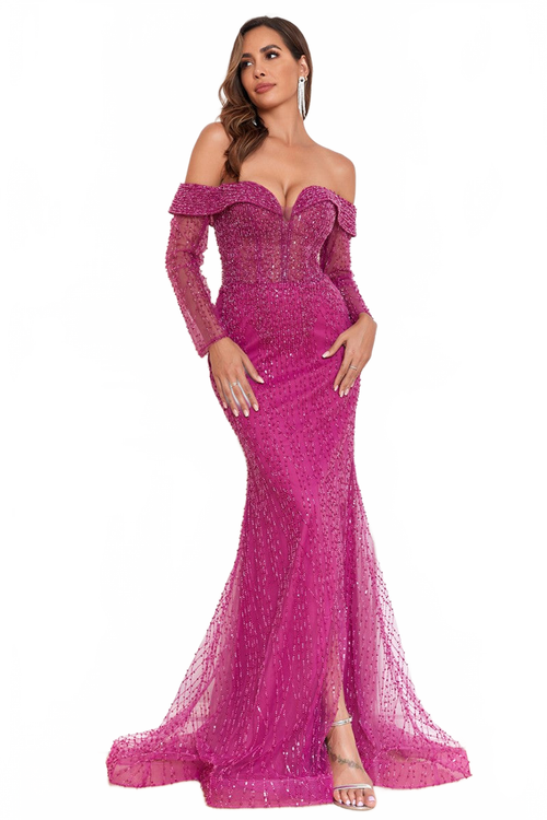High Couture cFitted Slit Long Beaded Evening Formal Dress