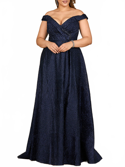 Tonal Beaded Off Shoulder Ballgown