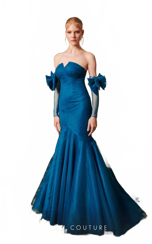 MNM Couture N0486 Black Strapless Mermaid Evening Gown with Sheer Sleeves