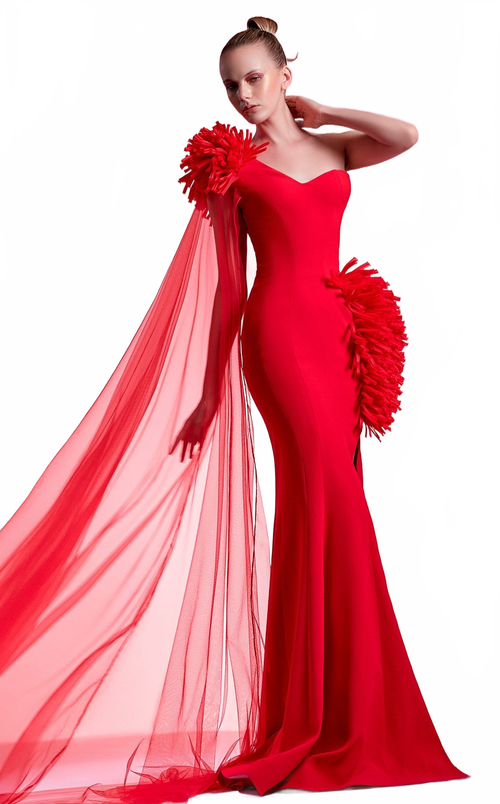Gaby Charbachy G1211 Red One-Shoulder Ruched Evening Gown