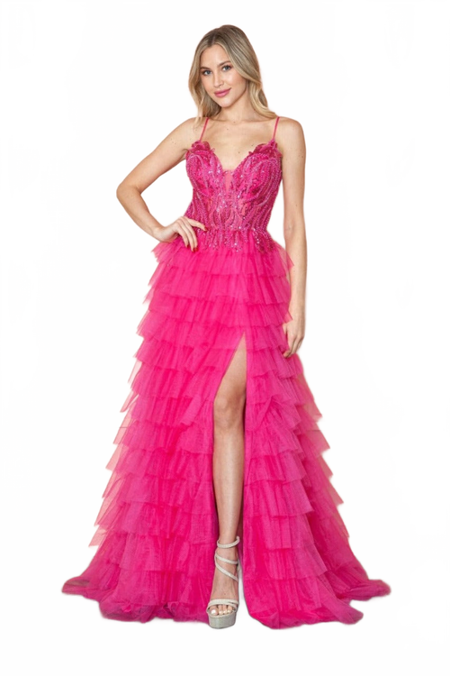 Poly USA 9408 Sheer Bodice Ruffle Sequin Corset Evening Gown
