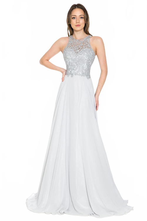 Lenovia 8169 Sleeveless Halter Long Embroidered Formal Gown