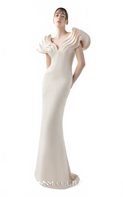 Gaby Charbachy G2039 Cream Crepe Mermaid Gown with Sculpted Sleeves by MNM Couture