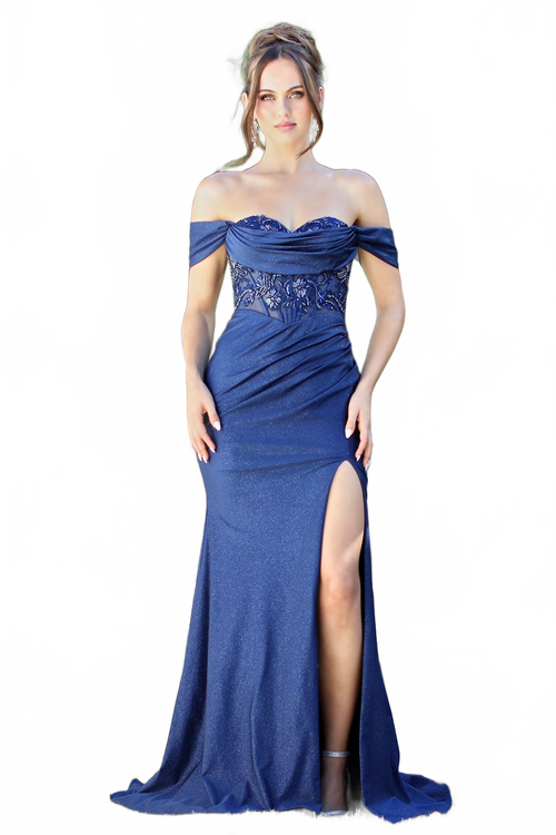 Adora Design 3285 Glitter Off-Shoulder Corset Slit Prom Dress