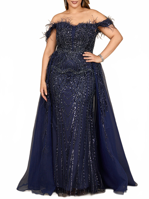 Lara 29161 Overskirt Mother of the Bride Dress Off Shoulder Evening Gown with Feathers
