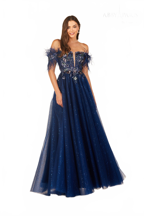 Abby Paris 90318 Feather Off Shoulder A-line Evening Gown