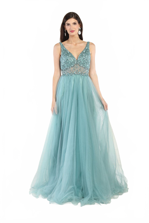 Embroidered A-line Prom Dress Sleeveless V-Neck Evening gown