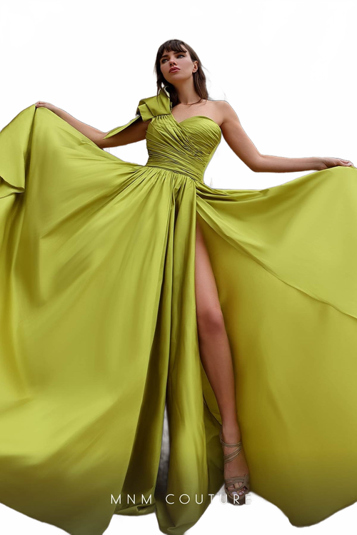MNM Couture K4026 One-Shoulder Blue Gown with Draped Bodice and High Slit