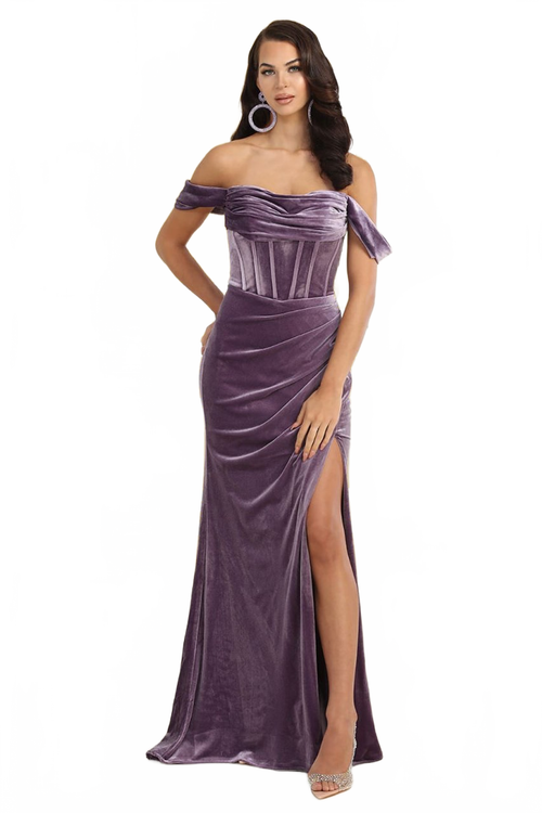 Off-Shoulder Velvet Corset Gown with High Slit Elegant Formal Prom by Royal Queen RQ8069