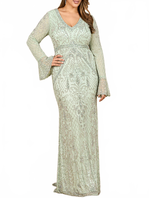 Long Bell Sleeve V-Neck Beaded Gown