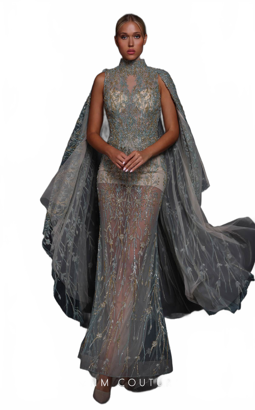 MNM Couture K4119 High Neck Beaded Cape Gown in Tiffany