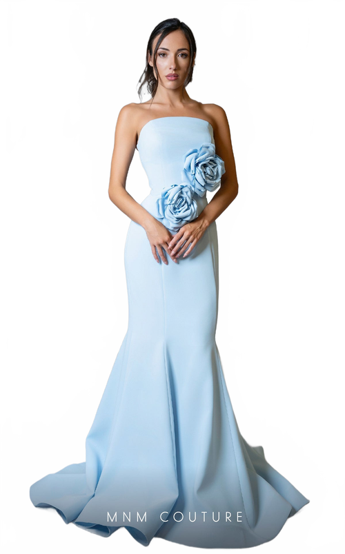 MNM Couture V07548 Strapless Blue Mermaid Gown with Roses