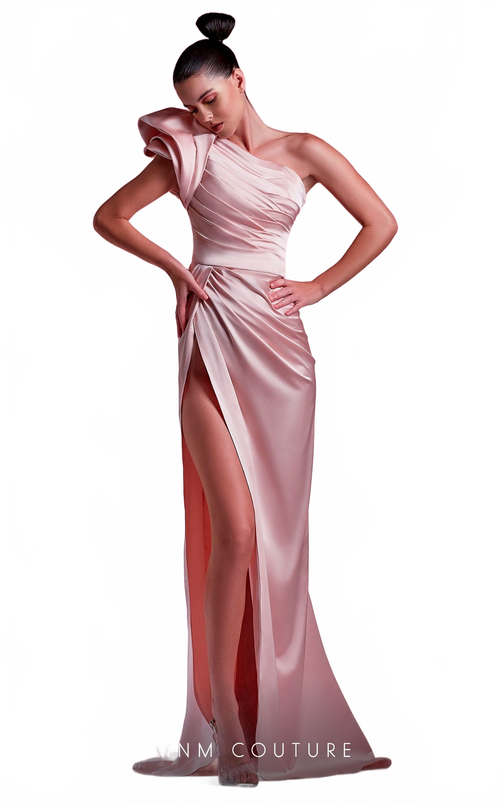 Gaby Charbachy G1217 One-Shoulder Ruched Slit Evening Gown