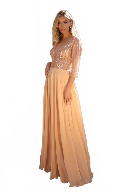 Nox Anabel MF101 Chic 3/4 Sleeve A-Line Gown with Embellishments