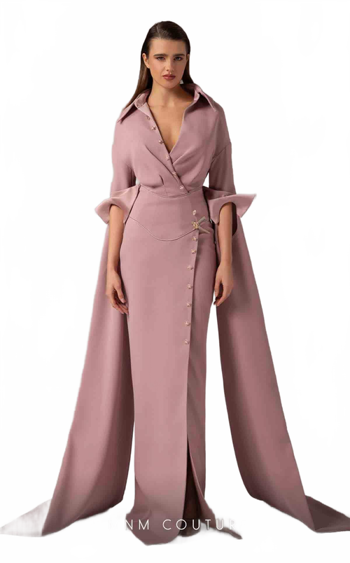 MNM Couture E0094 Cherry A-Line Gown with Cape & Slit