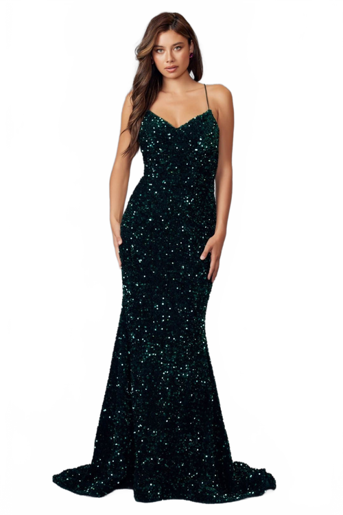 Fitted Sleeveless Long Sequin Velvet Dress by Juliet 2406