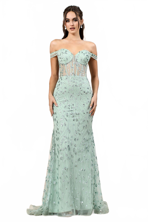 Adora Design 3198 Off Shoulder Fitted Sequin Print Prom Dress