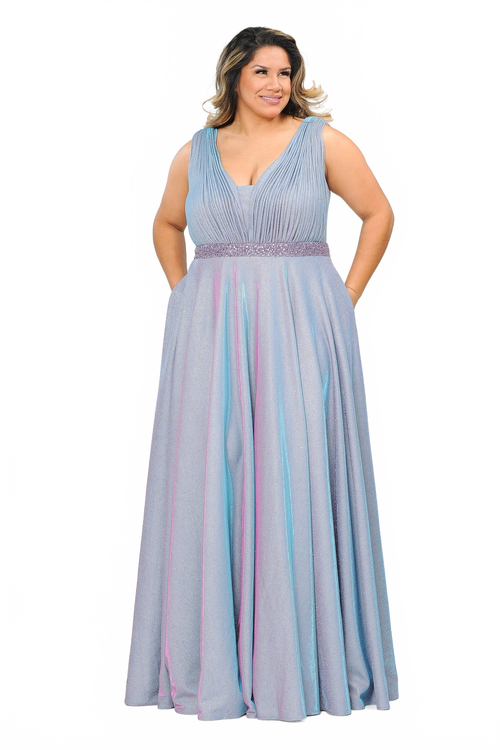 Poly USA W1082 Plus Size Long Sleeveless A-line Glitter Dress