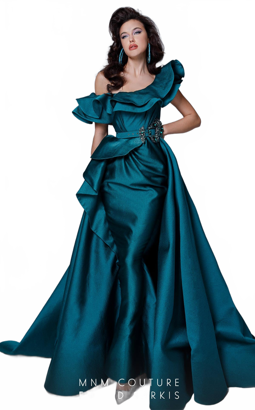 Fouad Sarkis 2727 Ruffled One-Shoulder Gown in Teal