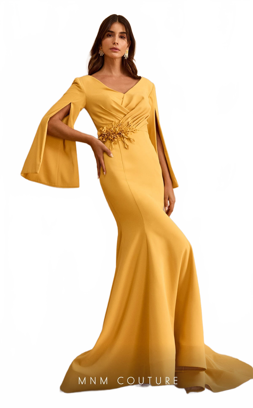 MNM Couture V02044 Mustard Evening Gown with Intricate Detailing