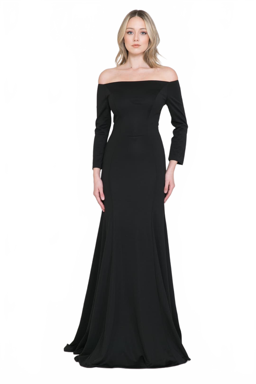 POLY USA 8378 Modest Long Sleeve Off the Shoulder Simple MOB Dress