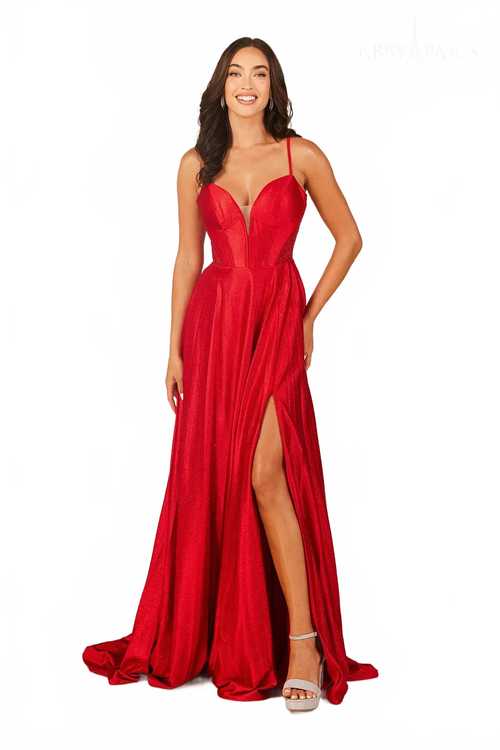 Abby Paris 90346 Glitter Corset A-line Slit Evening Gown