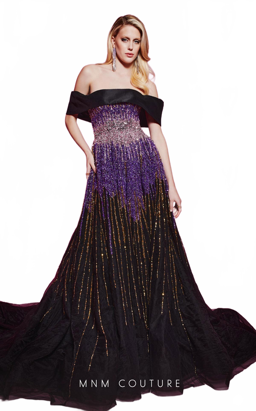 MNM Couture B1009 Sequin Off-Shoulder Evening Gown in Purple