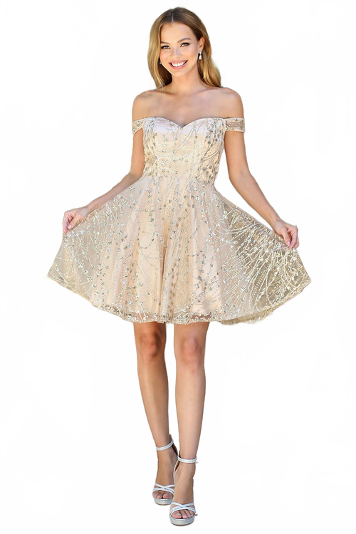 Adora Design 1023 Off Shoulder Short Glitter A-Line Cocktail Dress