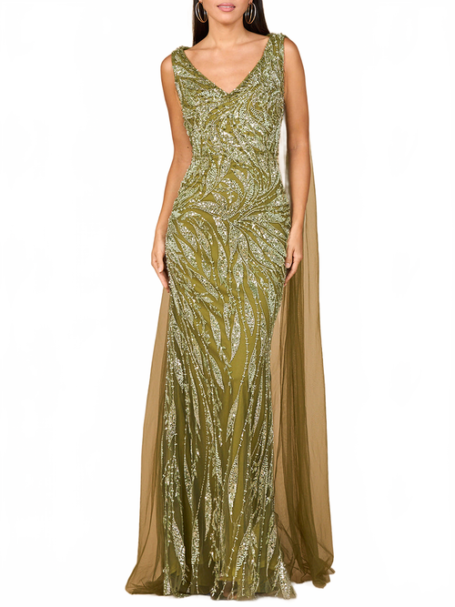 V-Neck Gown with Long Cape Sleeves