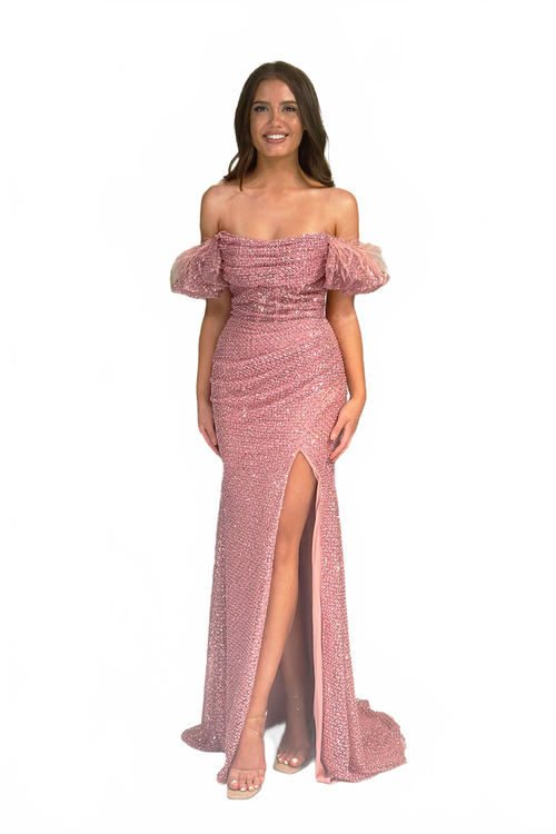 Feather Fitted Off Shoulder Slit Gown by Lucci Lu 1345