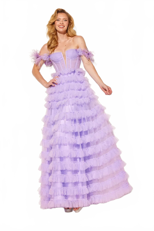 Feather Off Shoulder Tiered Gown by Lucci Lu 1410