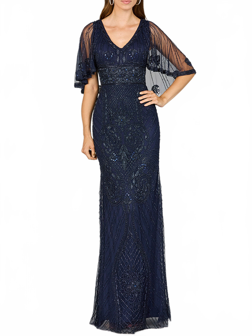 Cape Sleeve V-Neck Beaded Gown