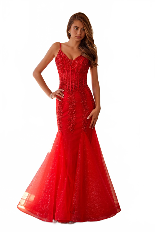 Embellished V-Neck Mermaid Dress by Juliet JT2883C