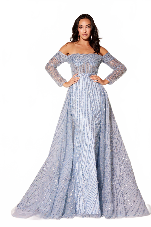 Beaded Off Shoulder Overskirt Gown by Lucci Lu C8112