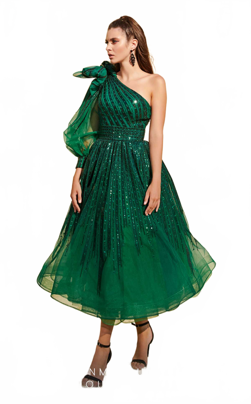 Fouad Sarkis 2745 One-Shoulder Tea-Length Gown